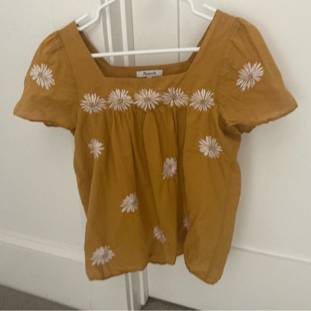 Madewell Yellow Puff Sleeve Sunflower Embroidered XS